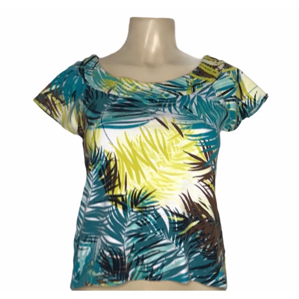 Rafaella Boat Neck Palm Leaves Tropical Blouse